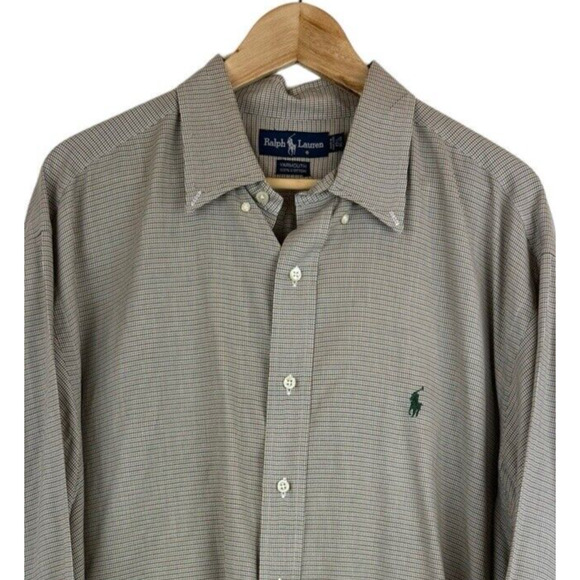 Ralph Lauren Yarmouth 100% Cotton Men's Size 17.5 32/33 Beige Check Green‎ Pony - Picture 2 of 5